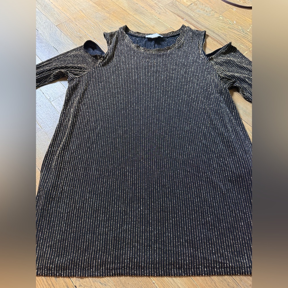 Michael Kors Black Gold Shimmer Long Sleeve Cold Shoulder Tunic Top Size 1X